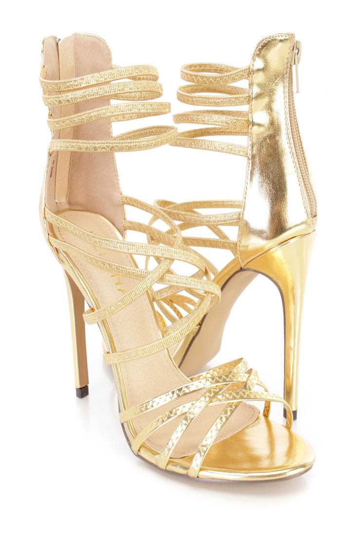 Gold Strappy Single Sole Heels Faux Leather