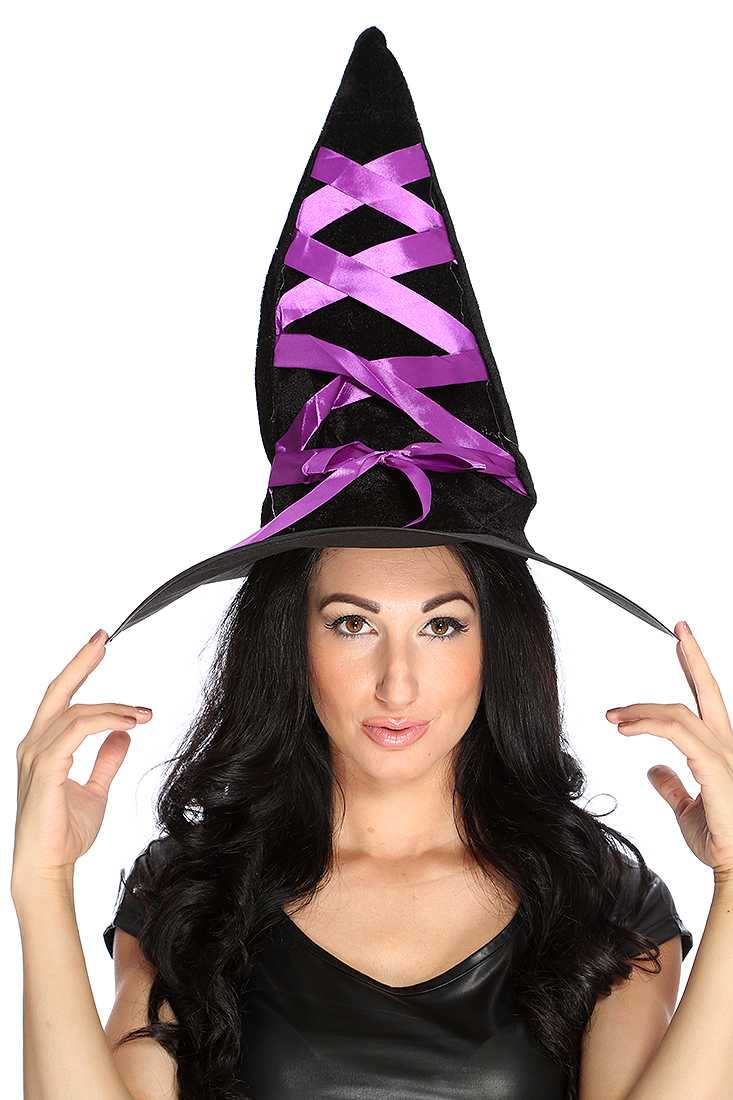 Black Purple Lace Up Detail Velour Witch Hat