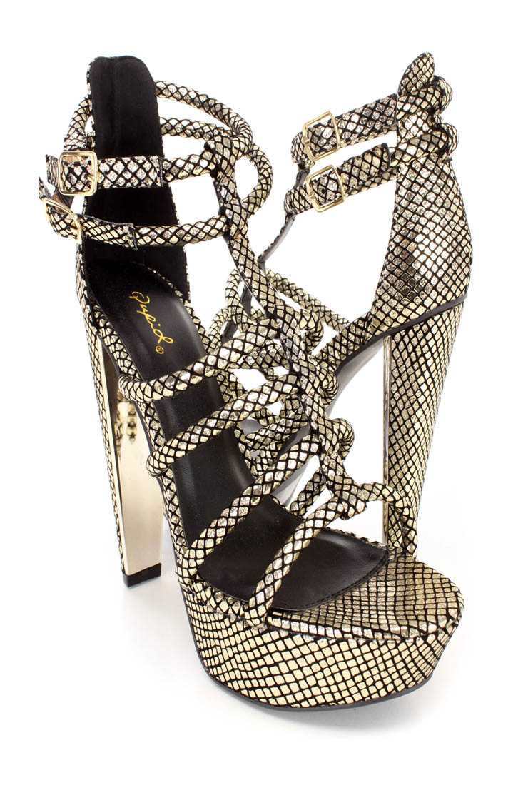 Light Gold Strappy Open Toe Platform High Heels Nubuck Faux Leather