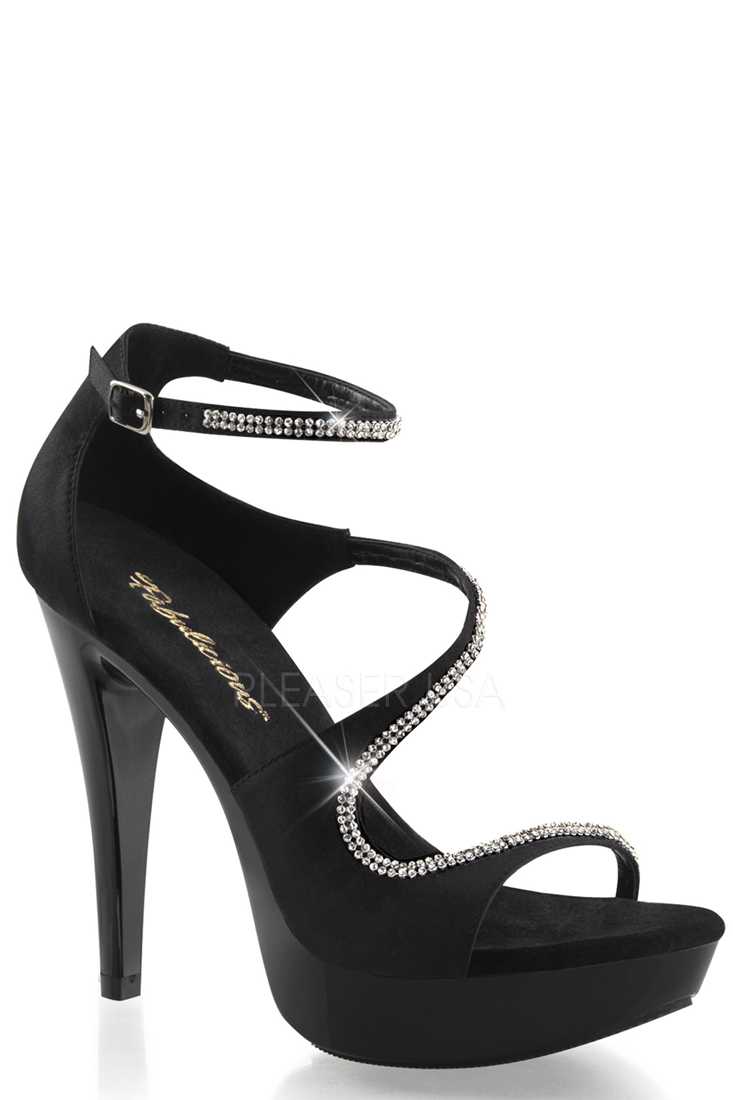 Black Rhinestone Strappy High Heels Satin