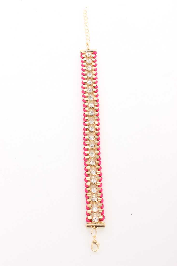 Fuchsia Linked Braided Rope Rhinestone High Polish Bracelet
