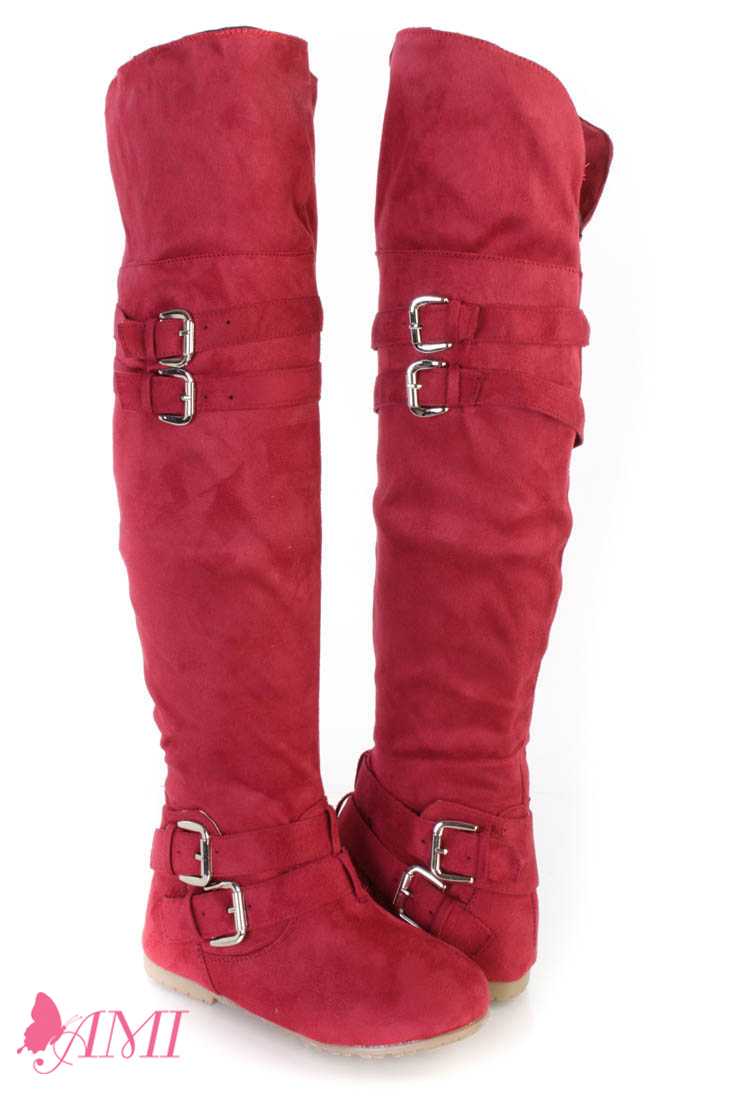 Red Buckle Accents Thigh High Flat Boots Faux Suede