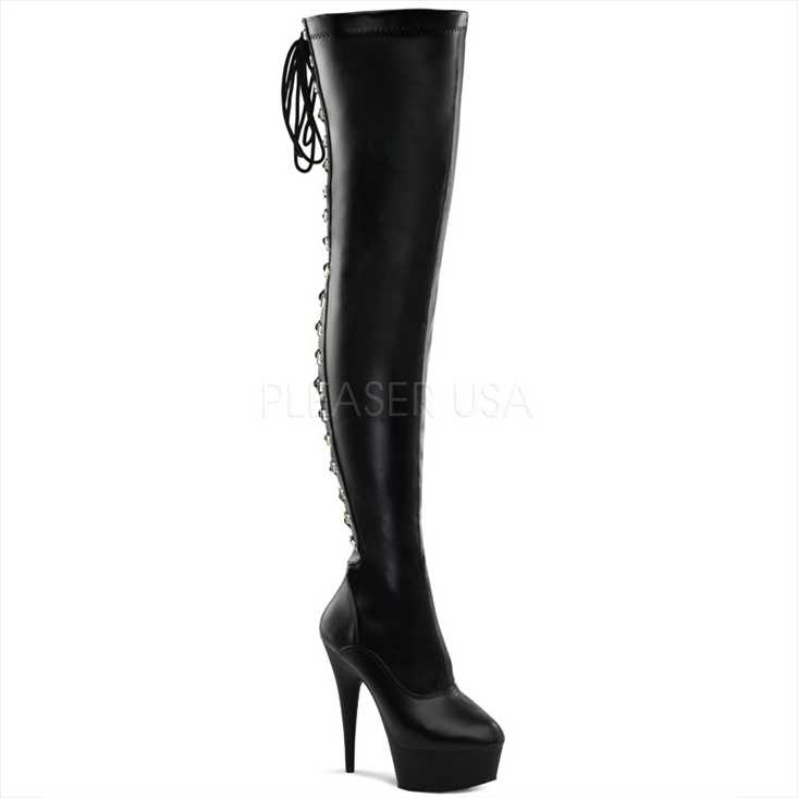 Black Faux Leather Lace Up Thigh High Boots