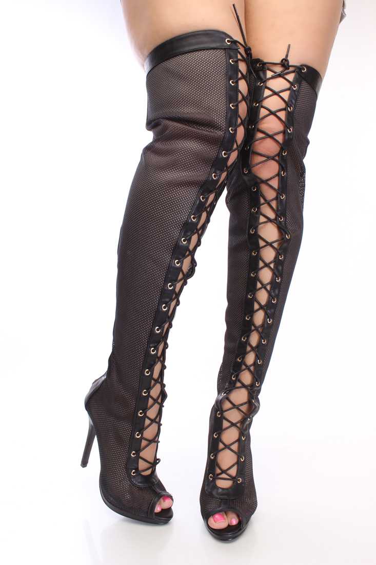 Black Lace Up Thigh High Boots Mesh