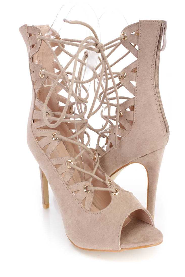 Taupe Peep Toe Lace Up Single Sole High Heels Faux Suede