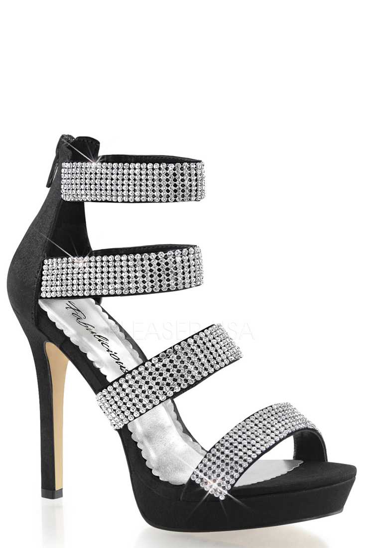 Black Rhinestone Strappy High Heels Fabric