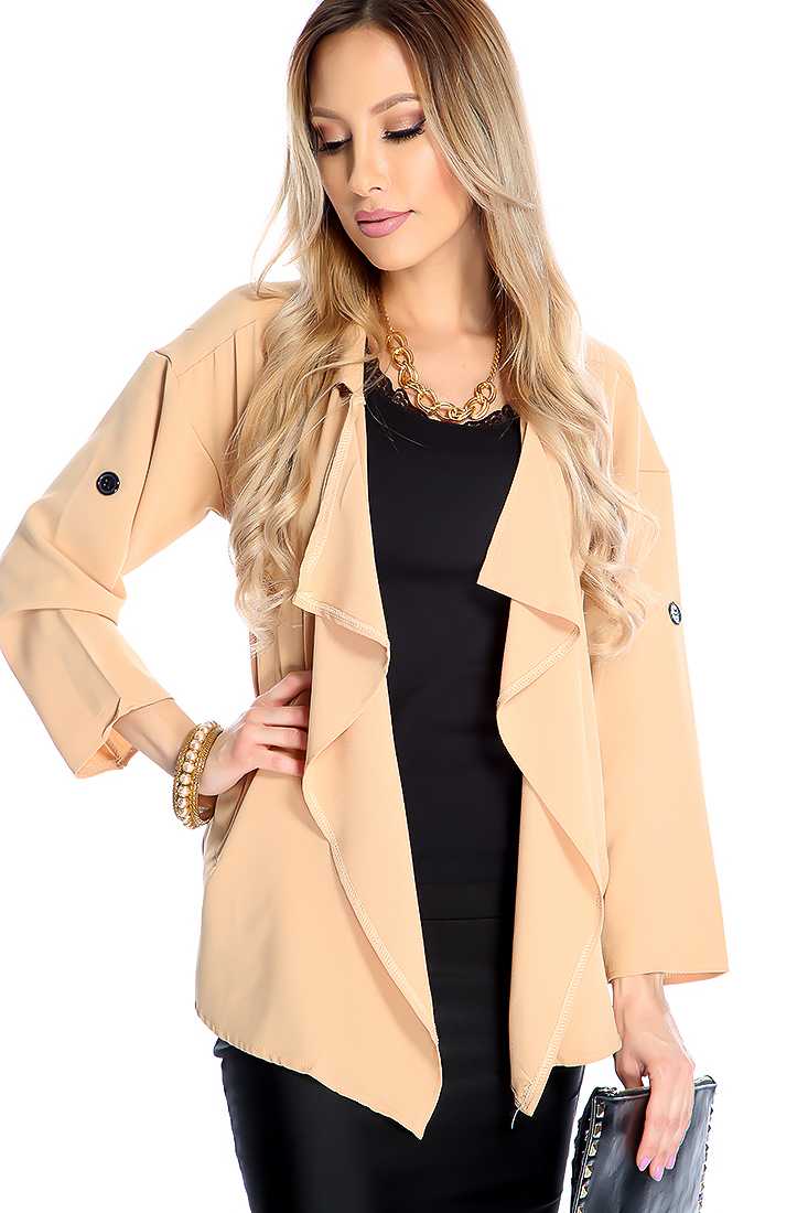 Camel Ruffle Open Front Long Sleeves Outerwear
