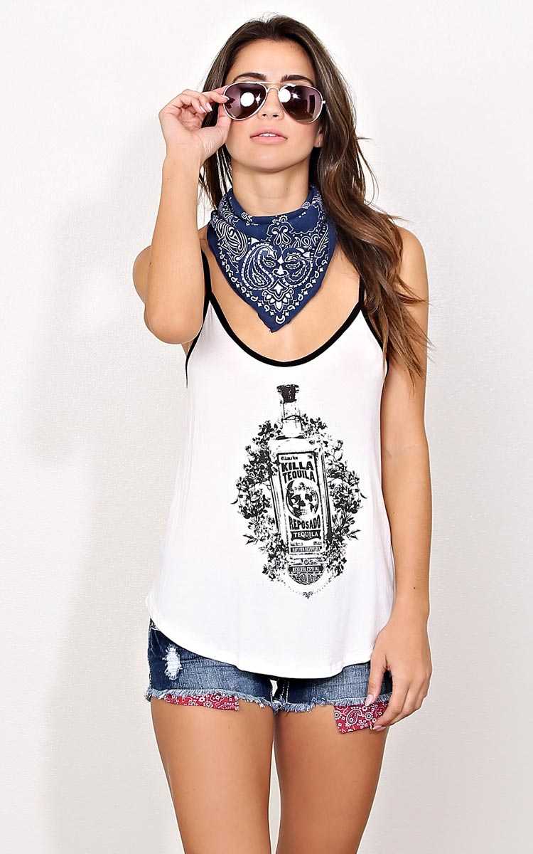 KILLA TEQUILA Knit Graphic Tank - - White in Size by Styles For Less