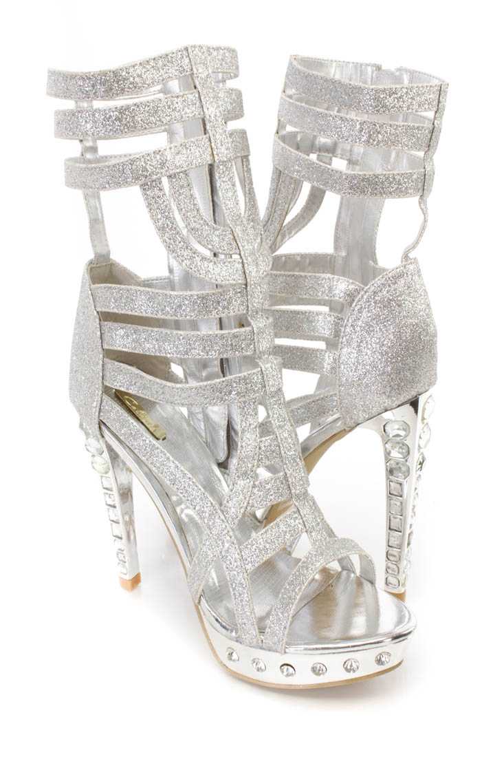 Silver Glitter Strappy Gemstone Platform Booties