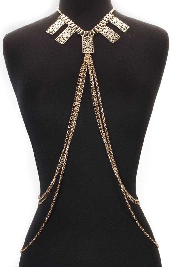 Gold Intricate Cut Out Charm Draped Body Chain