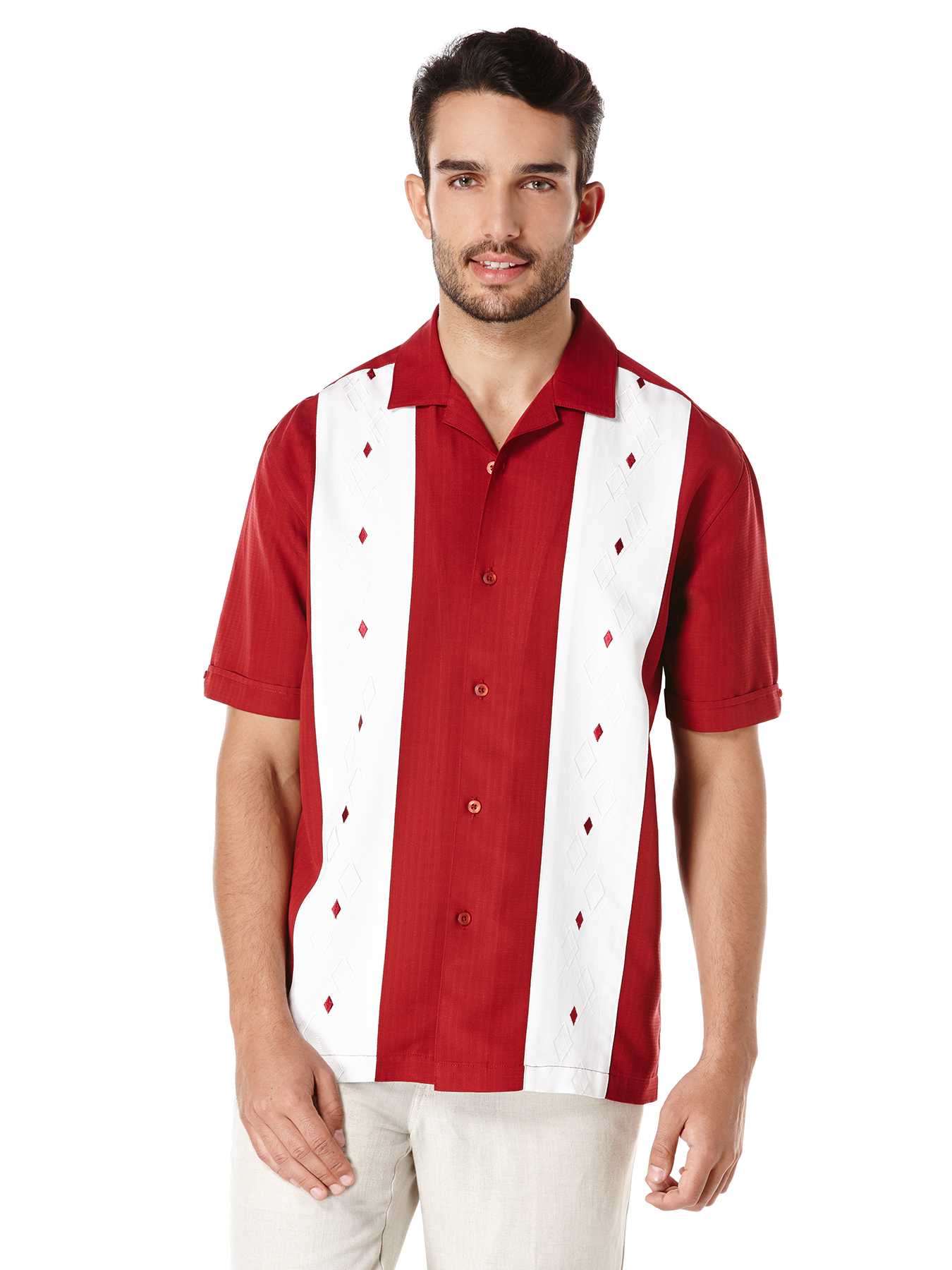 Cubavera Short Sleeve Grid Contrast Side Panels With Geo Embroidery