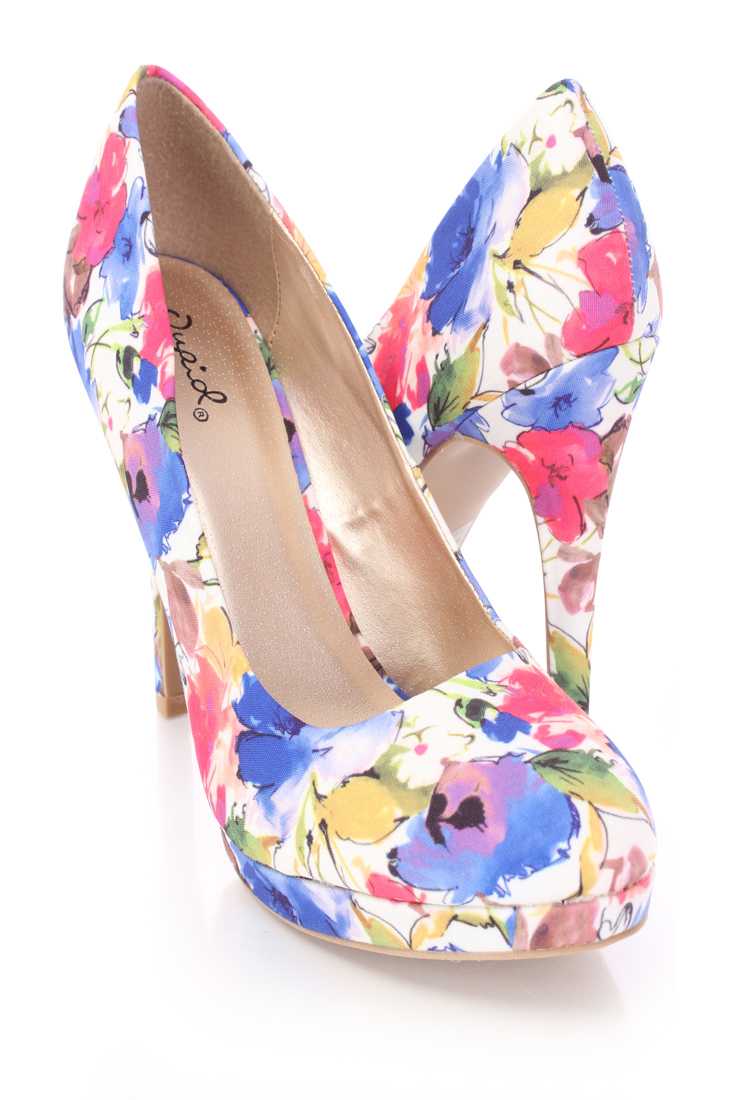 White Multi Floral Print Pump High Heels Fabric