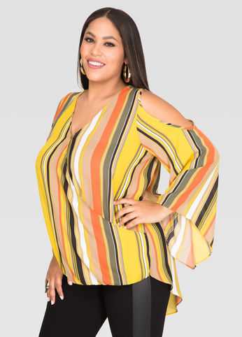 Striped Crossover Hi-Lo Blouse