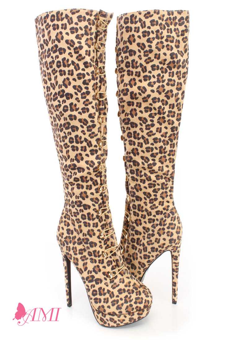 Leopard Hook Loop High Heel Boots Faux Suede