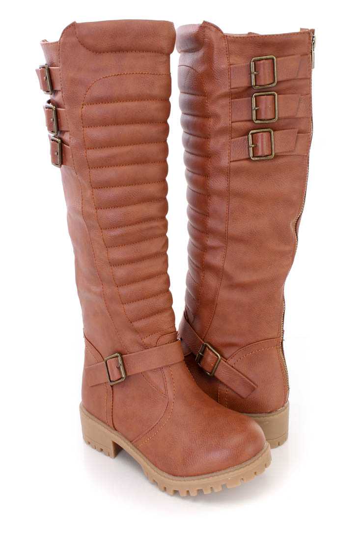 Coganc Knee High Round Close Toe Ridding Boots Faux Leather