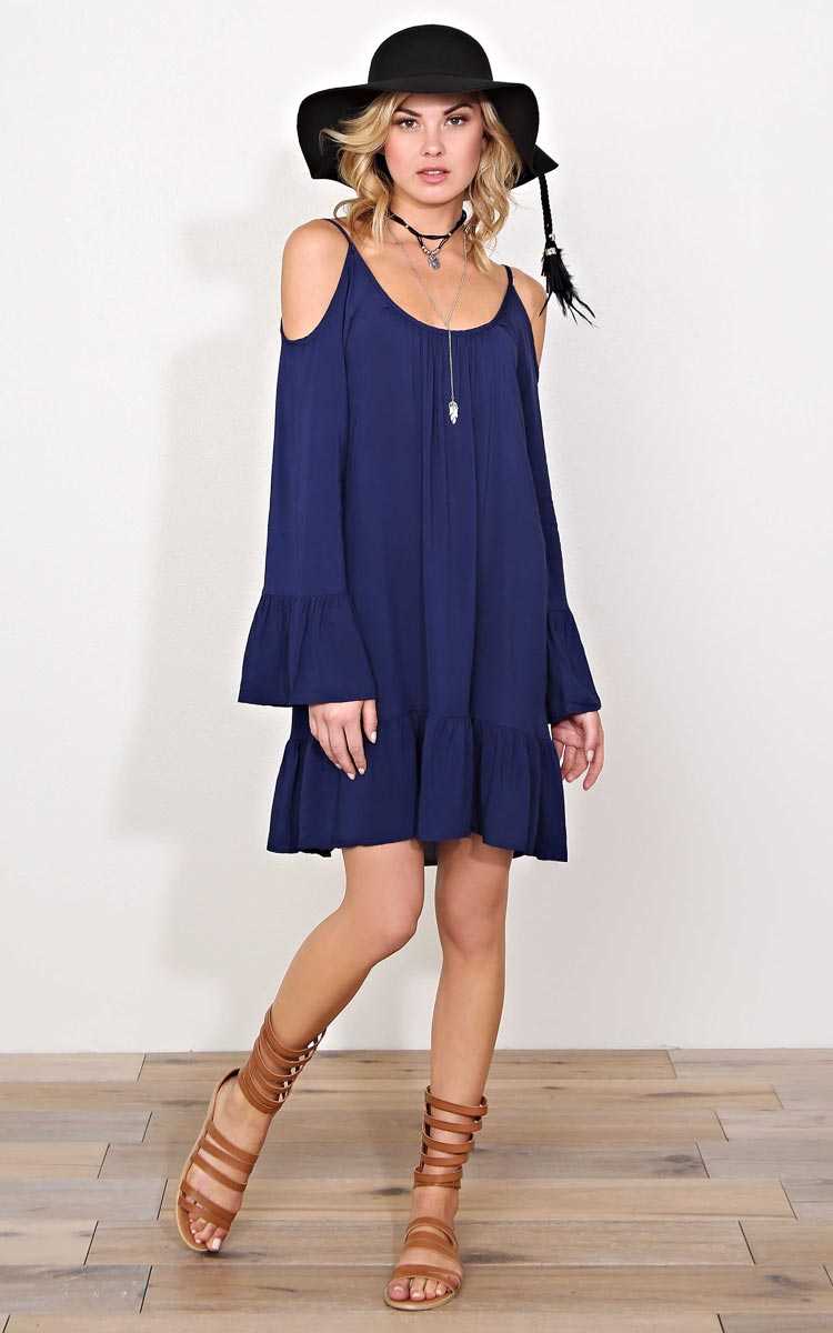 Pioneer Woven Cold Shoulder Dress - SML - Navy in Size Small by Styles For Less