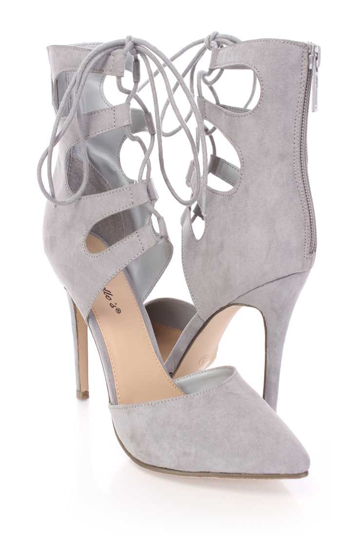 Grey Strappy Lace Up Single Sole Booties Faux Suede