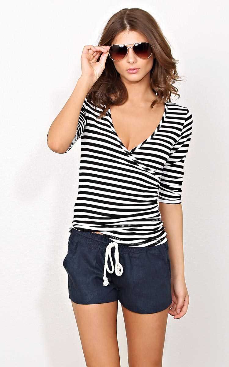 Flirty Stripes Rib Knit Surplice Top - SML - Black Combo in Size Small by Styles For Less