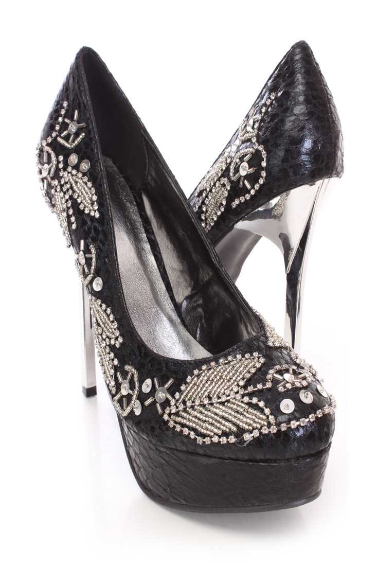 Black Metallic Faux Leather Pump Heels