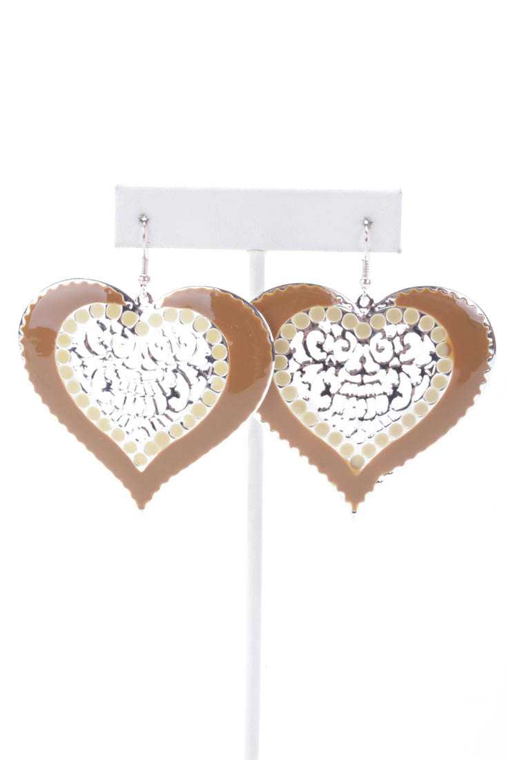 Brown Lacquer Finished Intricate Design High Polish Metal Earrings
