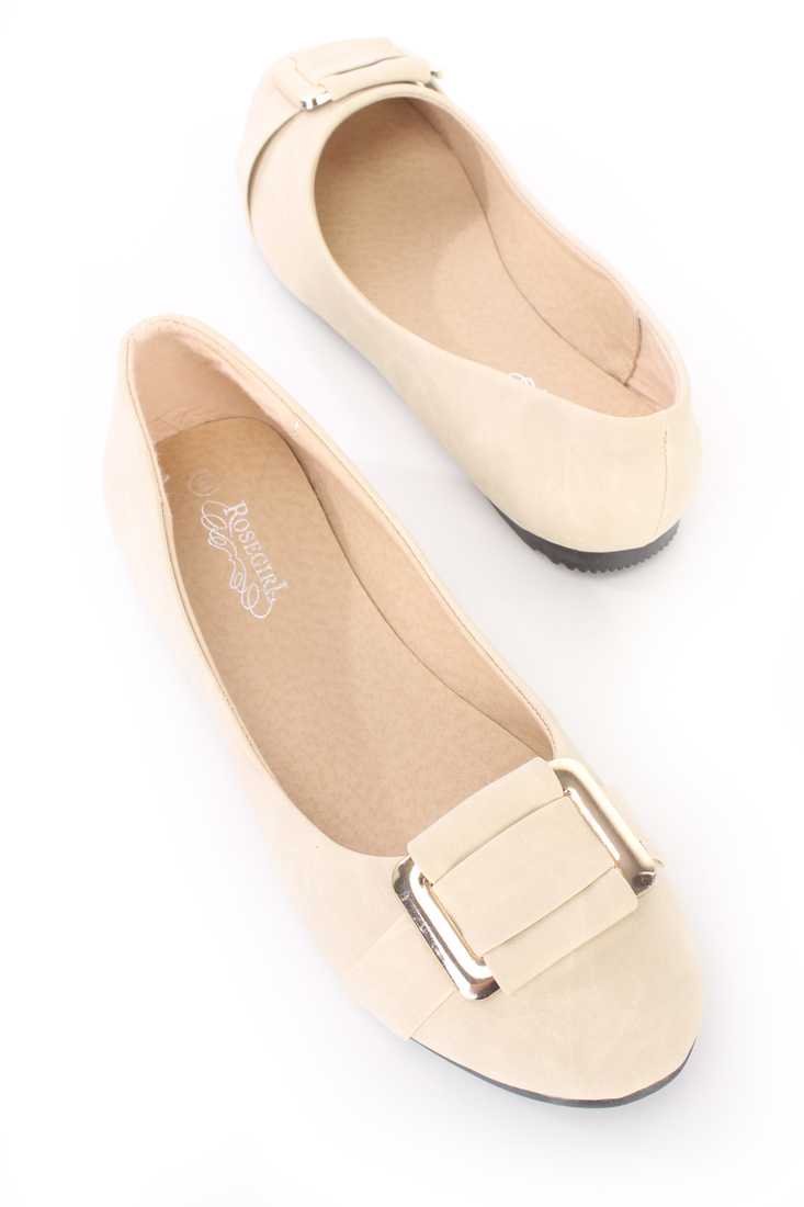 Beige High Polish Buckle Ballet Flats Faux Leather