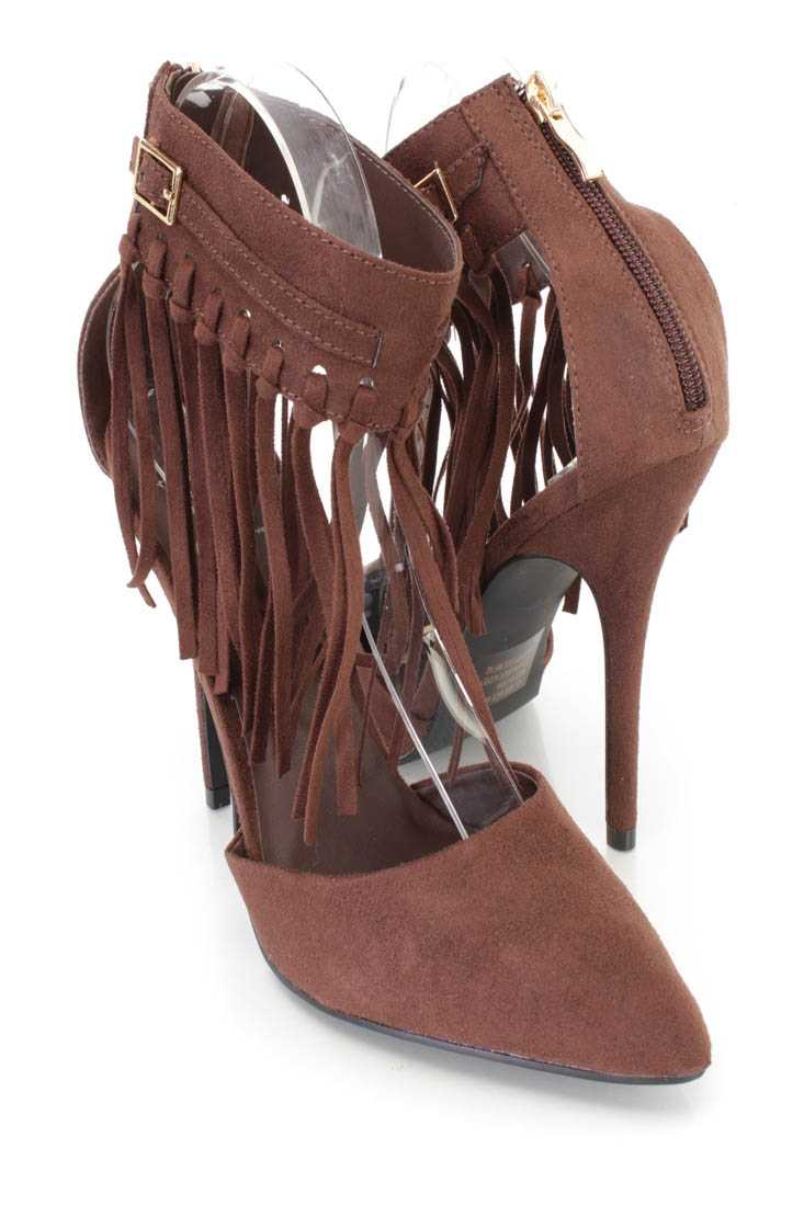 Brown Fringe Ankle Strap Single Sole Heels Faux Suede