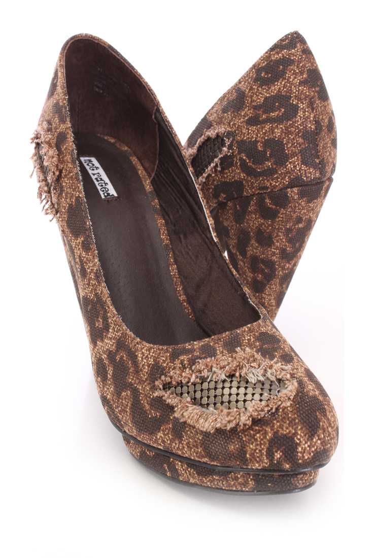 Brown Animal Print Distressed Pump High Heels Canvas