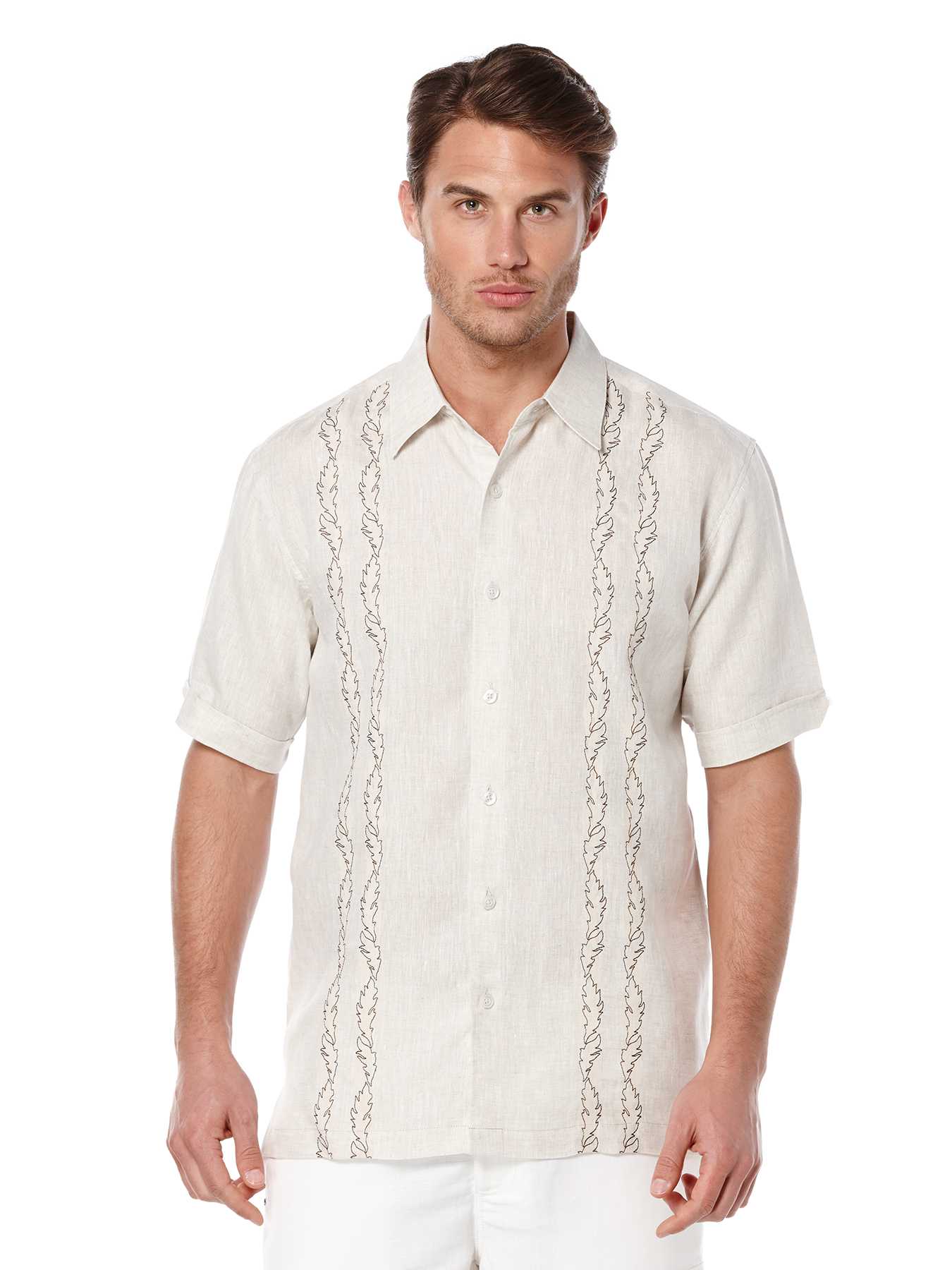 Cubavera Short Sleeve 100% Linen Print Embroidery