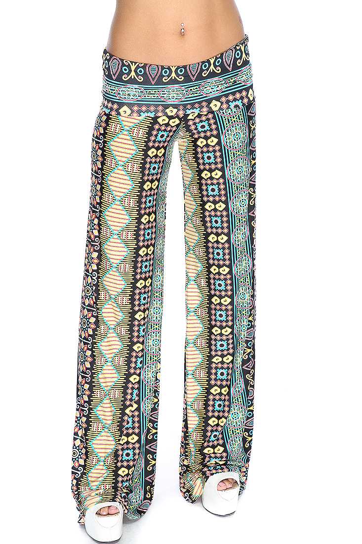 Black Yellow Moroccan Print Wide Leg Casual Cute Pants