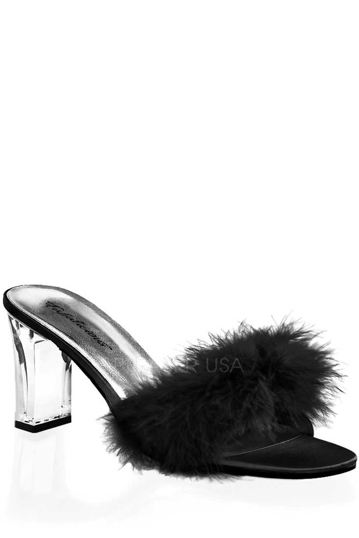 Black Faux Fur Satin Open Toe Sandal High Heels