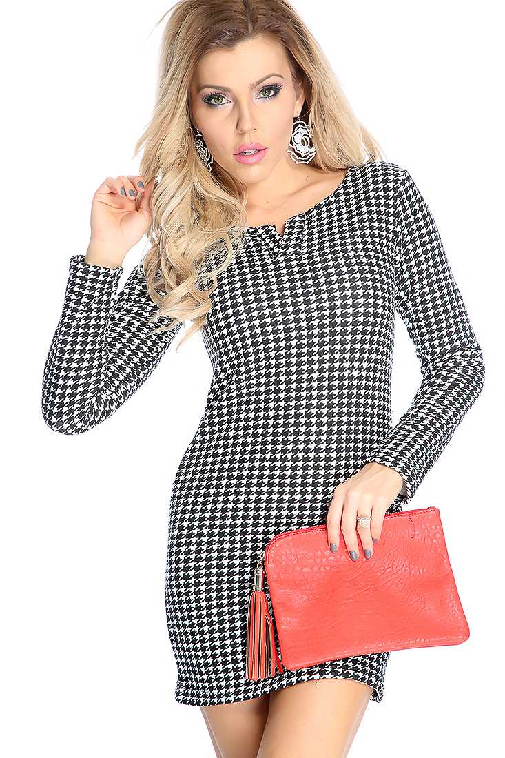 Sexy Hundstooth Long Sleeve Fitted Sweater Dress