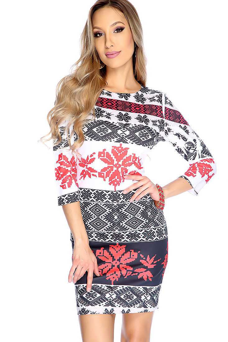 Sexy White Black Fair Aisle Quarter Sleeve Dress