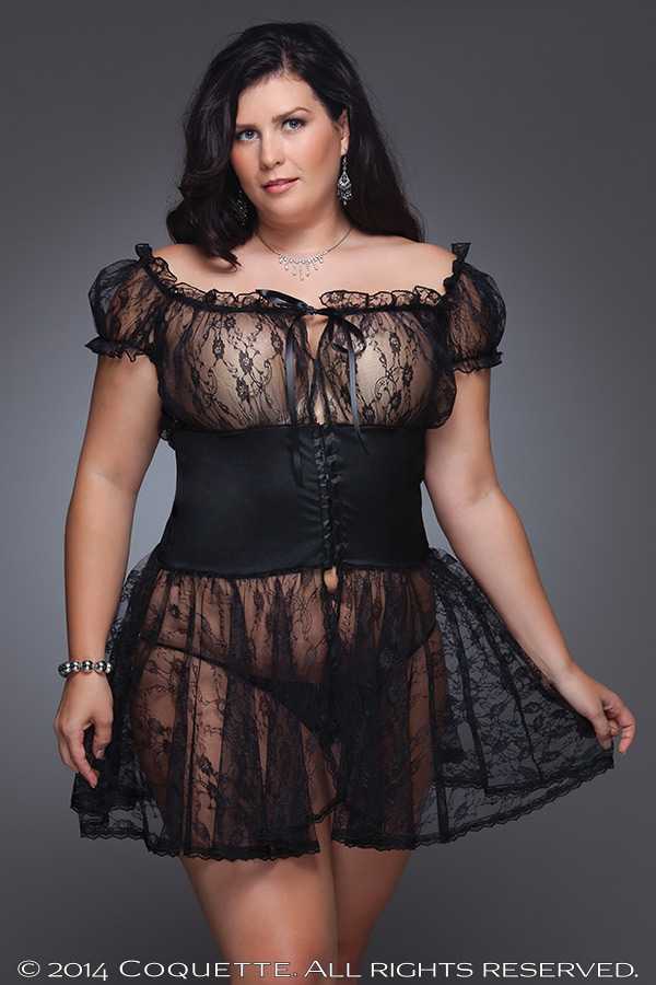 Black Floral Print Lace Wasitband Sexy Plus Size Babydoll Set
