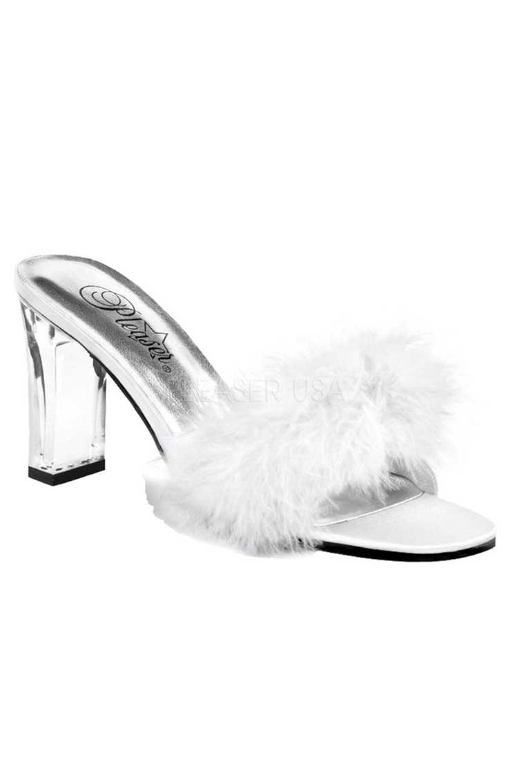 White Slip On Square Heel Heel Satin Fur