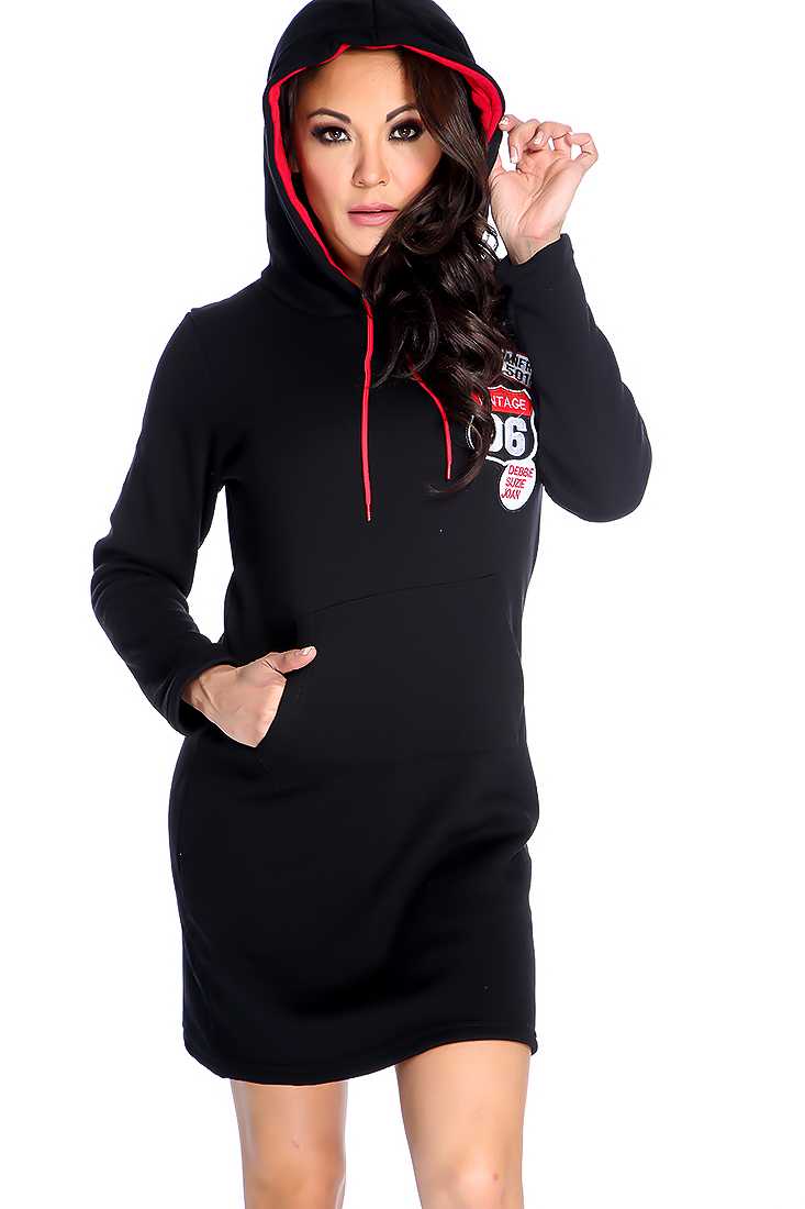 Black Patch Detail Hooded Sweater Dress