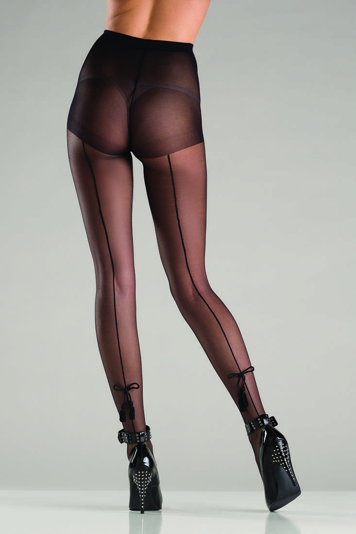 Black Sheer Back Seam Tassel Bow Pantyhose