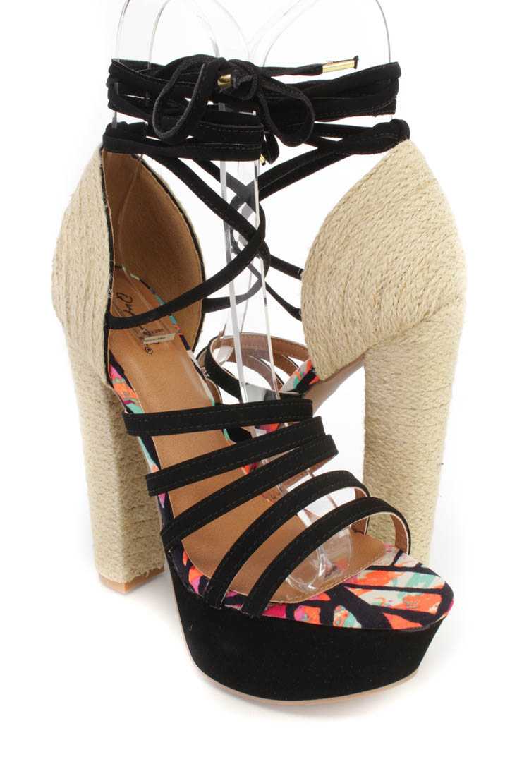 Black Strappy Espadrille Chunky High Heels Nubuck
