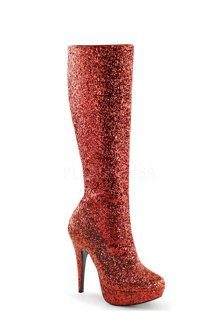 Red Knee High Platform Heel Boots Glitter
