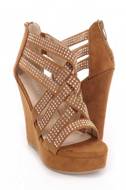 Tan Rhinestone Decor Cage Front Wedges Faux Suede