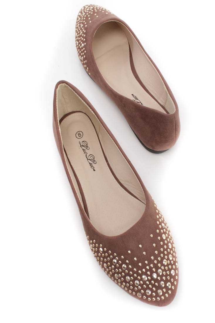 Brown Studded Almond Shaped Closed Toe Faux Suede Flats