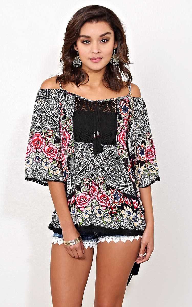 ANGIE Festival Grounds Woven Top - - Black Combo in Size by Styles For Less