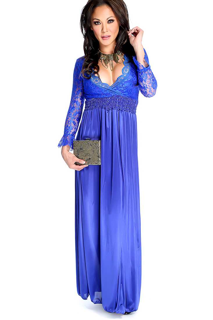 Sexy Royal Blue Long Sleeve Floral Lace Overlay Cocktail Dress