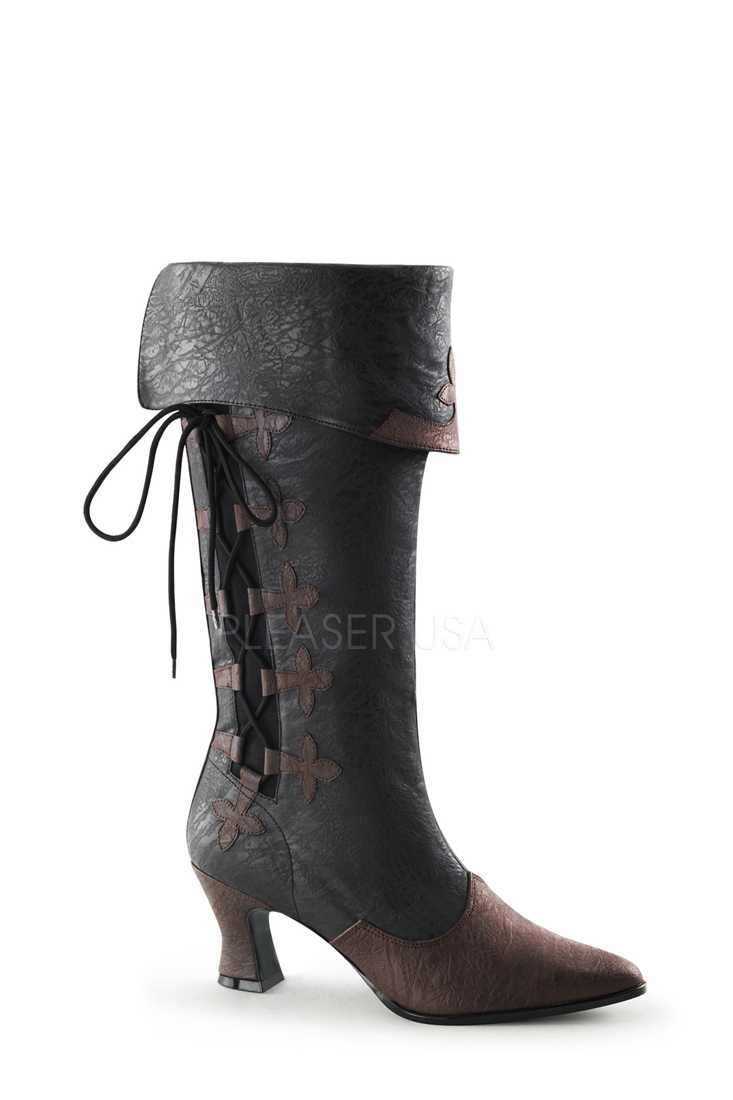Black Brown Two Tone Cuffed Lace Up Boots Faux Leather