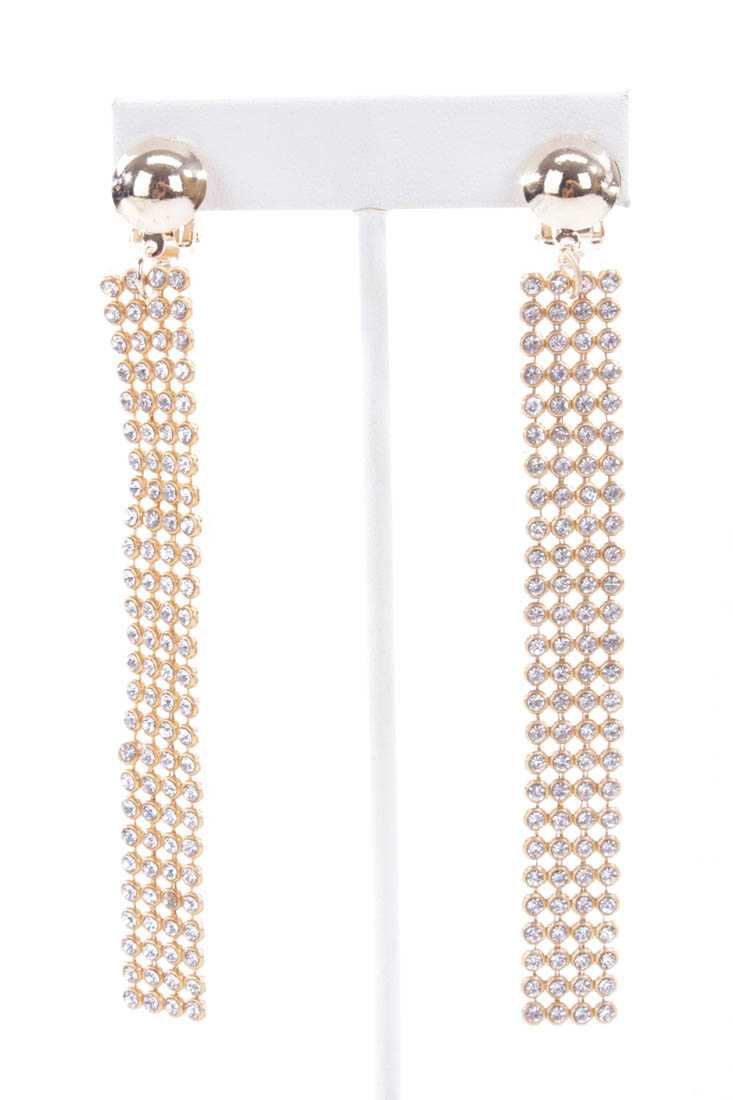 Gold Long Rhinestone Mesh High Polish Earrings