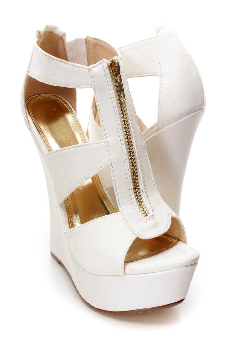 White Strappy Front Zipper Platform Wedges Faux Leather