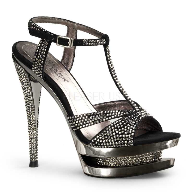 Black Pewter Rhinestone T Strap High Heels Faux Suede