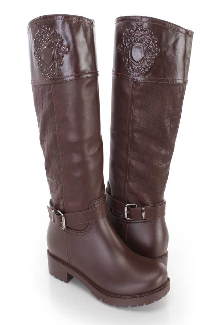 Brown Croc Skin Textured Riding Boots Faux Leather