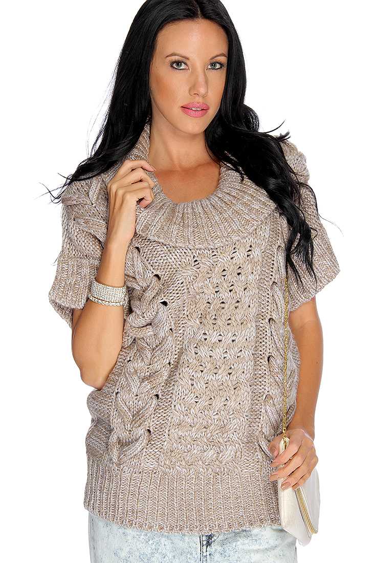 Cute Taupe Short Sleeve Open Knit Cowl Neck Sweater Top
