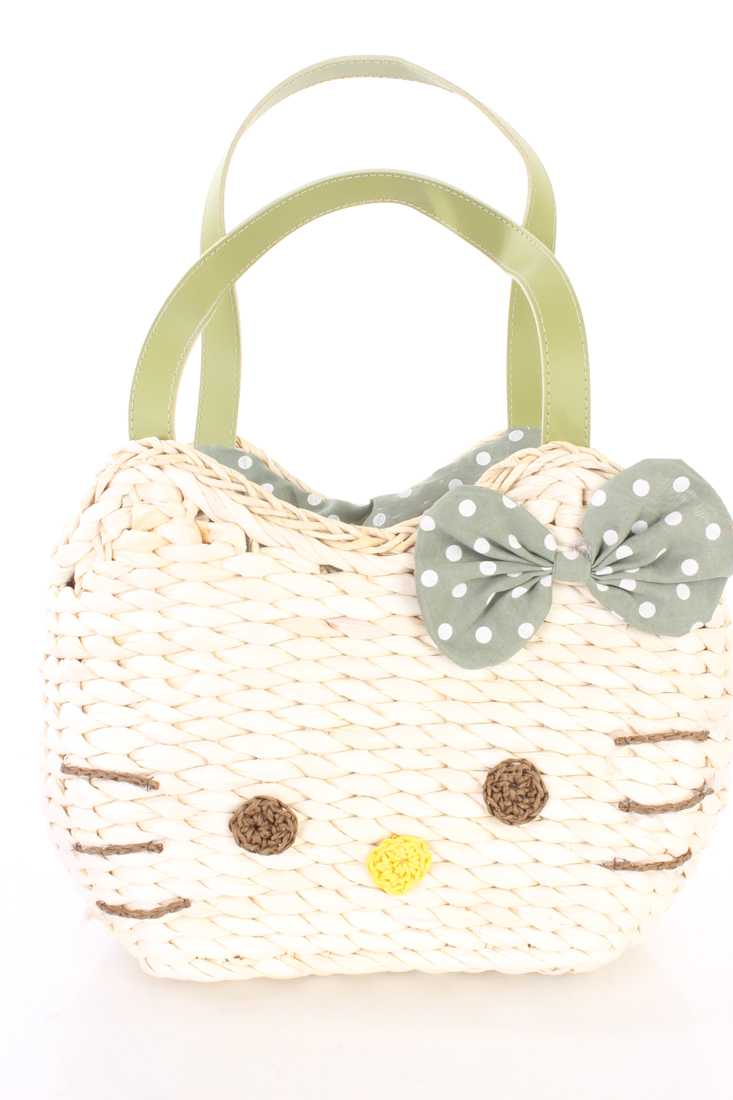 Sage Kitty Face Woven Straw Tote Beach Bag