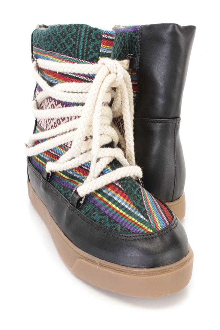 Black Guatemalan Print Lace Up Booties Faux Leather